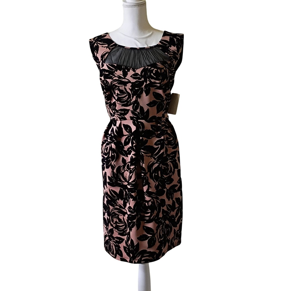 Royalcore Mod Vingage Pink Black Floral Mesh Illusion Sheath Dress 14W NEW